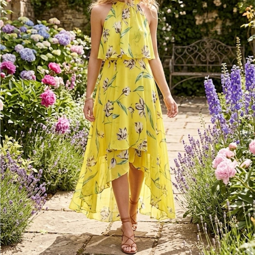 Yellow Floral High-Low Halter Dress
